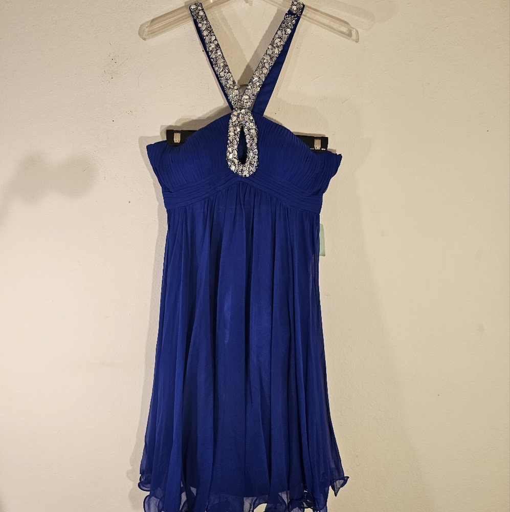 Jovani Blue Halter Dress with Silver Embellishments NWT